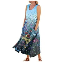 Базири летни рокли за жени флорални джобове рокли женски лъжичка шия ежедневни без ръкави рокли сини m