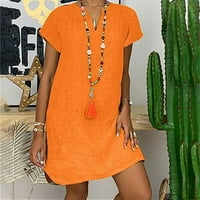 Дамски рокля клирънс Мода хлабав в-врата лято Плътен къс ръкав памук и Лен рокля оранжев 16