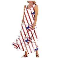 Sksloeg Женски небрежен разхлабена слънчева дреск ежедневна дълга рокля с американски флаг отпечатана рокля без ръкави с джобове, бяло l