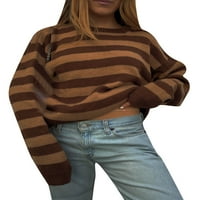 Ивичен пуловер Женски ивица пачуърк Петчица пуловер с дълъг ръкав кръгла шия върхове пуловер пуловер пуловер