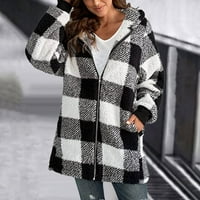 Леко яке женско плюшено палто с дълъг ръкав кариран цип с джобни свободни пуловери Жени Размери Малък черен XXL
