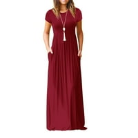 Дамска рокля мода О-врат градиент печат с къс ръкав джобове спагети Макси рокля, вино, ШЛ