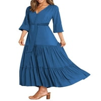 Uerlsty Women Solid Solid Long Longe V-Neck Midi рокля разрошена рокля A-Line