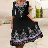 Вълна Летни рокли за жени лято и есен Коляното дължина клирънс печатни флорални Дълъг ръкав черна рокля размер с