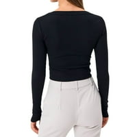 Ризи на айомет за женски пуловери за жени с дълъг ръкав v Врат, твърд цвят модни върхове, черни s