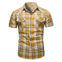 Карирани ризи за мъже с къс ръкав ежедневни тънък годни Бутон надолу риза джоб Ревера карирана блуза върхове работа риза