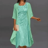 жените печат плюс размер миди рокля къс ръкав ручед а-линия рокля руфле пайети елегантна рокля два комплекта зелен ххл