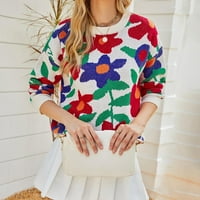 Дамски пуловери за пуловери жени модни свободни дълги ръкави кръгла врата цветно голямо цвете пуловер пуловер плетен пила