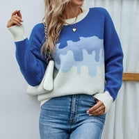Женски пуловерни върхове- пуловер на пуловер с дълъг ръкав от свободното време Топ мода удобни върхове отпечатани отпечатани екипажи на шията синьо