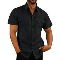 Мъжки стилен Ваканция Плътен цвят памук бельо Двойна джоб ежедневни ризи къси ръкави