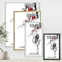 Дизайнарт 'Червени Цветя С Японски Жерави Птица Рисунка' Традиционна Рамка Платно Стена Арт Принт