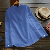 Дамски памучни ленени ризи с джобна мода момичета твърди тениски дрехи есен пролет ризи с дълъг ръкав в врата бутон надолу ежедневни спокойни сини ХХХЛ