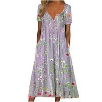 Рокля Дамски клирънс Плюс размер, жените лятото Къс ръкав от рамото печат в-врата рокля лилаво 14