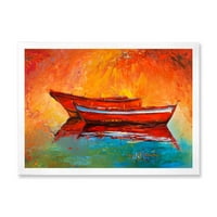 Дизайнарт 'Две Червени Лодки По Време На Залез В Езерото' Морска И Крайбрежна Рамка Арт Принт