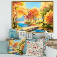 Оранжеви и жълти дървета край брега на реката рамка живопис платно изкуство печат