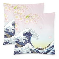 Японски японски протектор за калъфи за възглавници, големи вълни и черешови цветове с цип с цип калъф за калъф за декоративни, комплект от 2