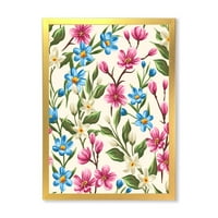 Дизайнарт 'винтидж сини и розови диви цветя' традиционна рамка Арт Принт