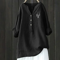 Летни спестявания Просверие блуза Xihbxyly женски туника блуза върхове мода плюс размер плътно памучно бельо свободно ежедневно дълъг ръкав v бутон за шия нагоре тениски ризи черни l